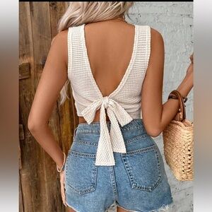 Waffle knit tie back top